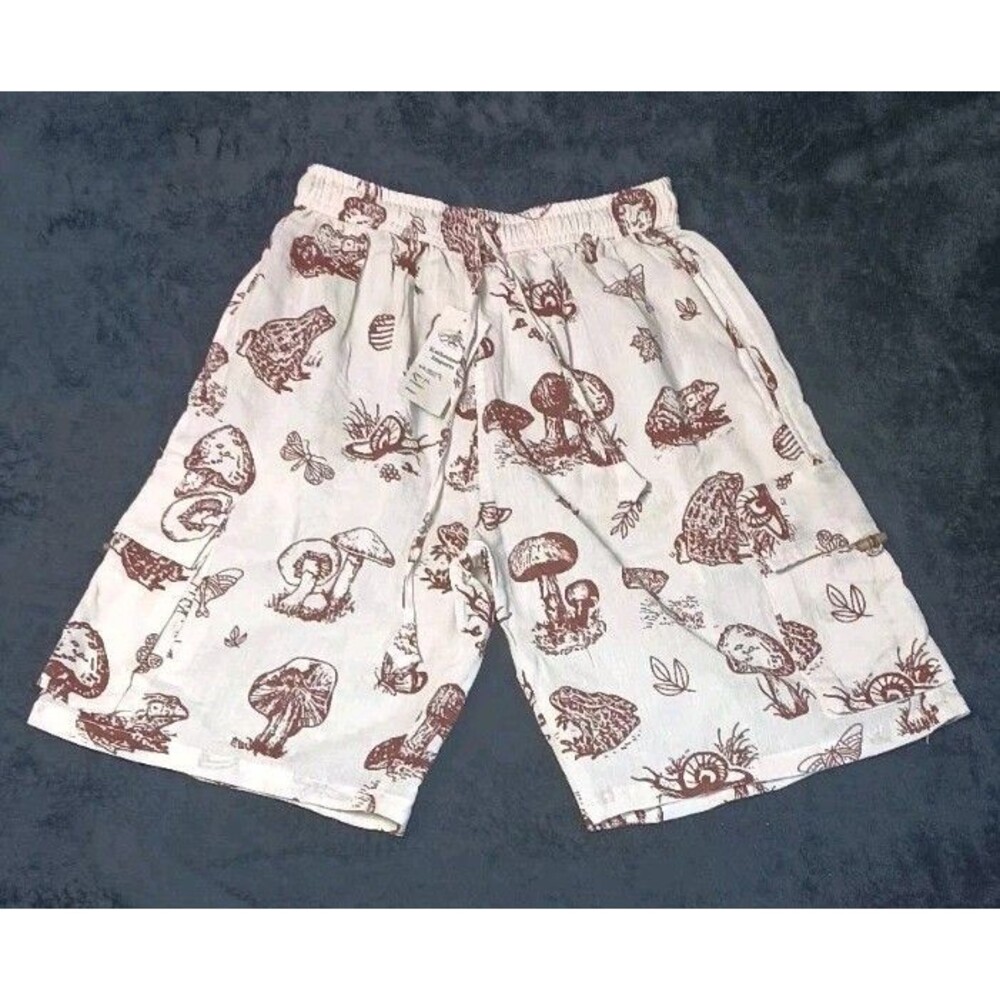 NWT! Kathmandu Imports Pull On Shorts Mens M Cotton Boho Mushroom Frog Novelty